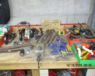 Misc vintage tools - wood planes, hand drill, clamps