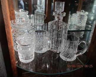 Waterford biscuit jar, condiment jar, mugs and liquor decanter