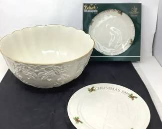 Lenox Holiday Punchbowl And 2 Beleek 1997 Christmas Plates