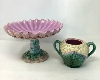 Majolica Etkuscan Pedestal Dish & 2 Handle Pot