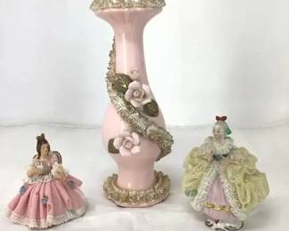 Two Dresden Of Germany Figurines & Bud Vase