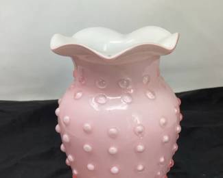 Fenton Pink And White Hobnail Ruffled Glass Vase