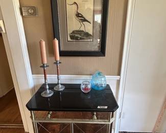 Mirrored marble top side table, Candlesticks