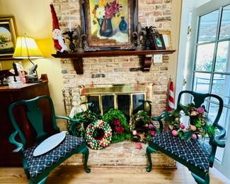 Fish platter, pair of hunter green chairs 