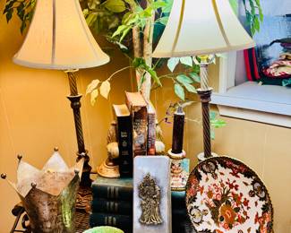 Pair of lamps, bookends, Christmas countdown, nice books, fold away bar table, over 6 ft faux potted palace style ficus tree, green Majolica type dish, Santa tin