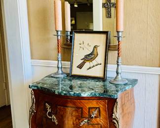 French Louis XV style green marble top Bombe chest with bronze inlay and pulls