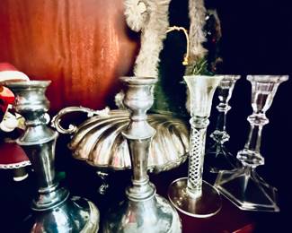Pewter, crystal, glass, silver candlesticks