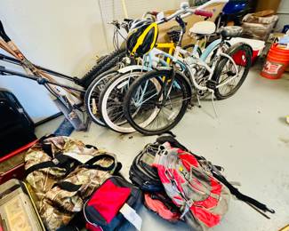 Duffells, tool chests, bikes, car jack 