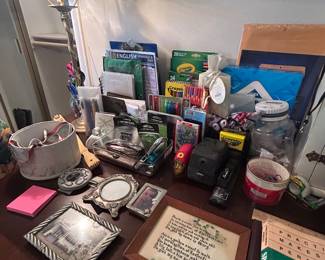 Desk loaded with all kinds of office and study things several lamps! 