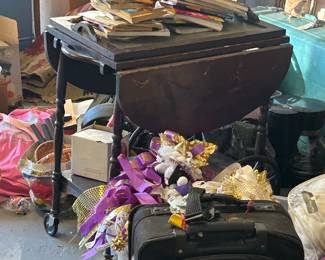 Items pulled down from attic today! including wooden bar cart / dress up costumes/ SMU 1963 Rotunda Tim Tebow jersey 