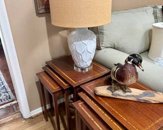 Pair in inlay nesting tables, Pair of lamps, what does the wood duck say? Please take me home to your mantle