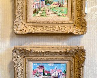 SOLD BOTH (Top: Reproduction painting depicts a village with figures walking along a path, signed by John Clymer. 18x16”) (Bottom: Impressionist art signed by John Clymer. 18x16”)