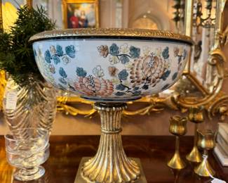 SOLD Vintage brass pedestal Jardiniere centerpiece.15”round by 14” high.