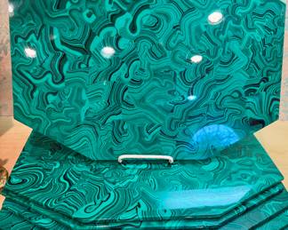 SOLD Vintage Malachite natural stone green placemats. Set of 6.