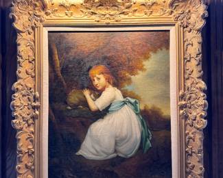 Vintage original oil painting with lighting and ornate frame. 28x33. $650. Depiction of girl and bunny.