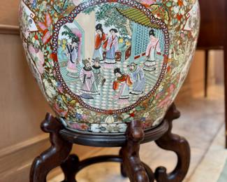 Rose medallion porcelain fishbowl planter with wooden stand. 21”round x 31” including stand. $500.