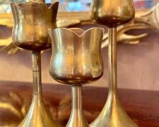 SOLD Set of 3 vintage mid-century tulip candle holders. 5”,6”, and 7”.
