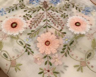 SOLD Vintage floral tablecloth with nine napkins. A few marks here and there; nothing major. Professional cleaning recommended