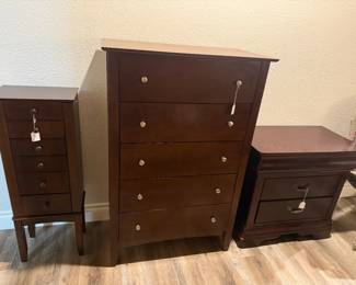 Solid cherry wood jewelry stand. Cherry wood five drawer chest. Cherry night stand with hidden third drawer for jewelry.