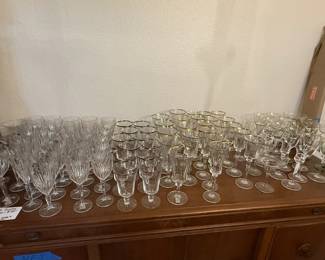 Mikasa Icicles. Fostoria (stamped) platinum, Mikasa Sonata, Mikasa Jamestown gold, martini glasses, margarita glasses.