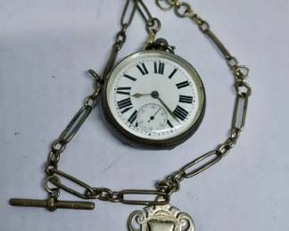 1891 Henry Green Sterling key-wind pocket watch with heavy sterling chain