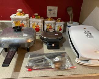 electric skillet, waffle maker, vintage canister set, George Foreman grill