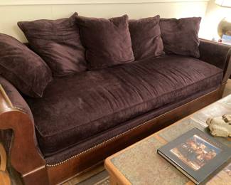 Deep Plum and wood sofa