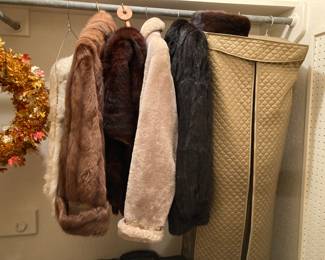 vintage mink jackets, stoles, hat; hanging closet