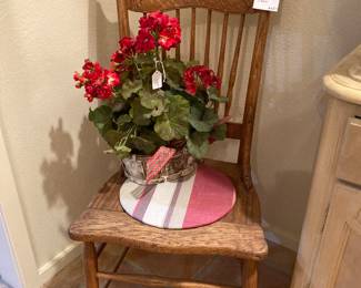 vintage press-back chair, geranium floral in basket