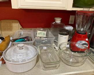 Pyrex and Corning, knives, cookie cutters, coffee grinder, Oster blender