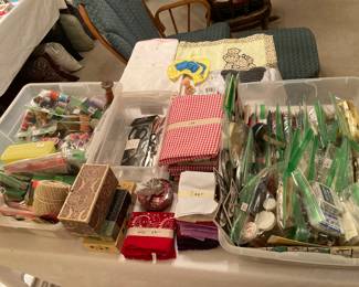 sewing notions, thread, buttons, boxes, etc.