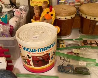 vintage View-Master, Lincoln Logs, bongo drums, cars, etc.