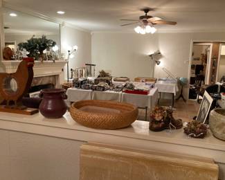 vintage wood chicken bank, pottery, basket, etc.