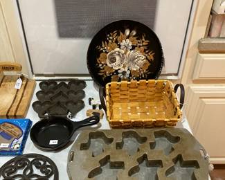 cast iron, vintage painted tray, etc.