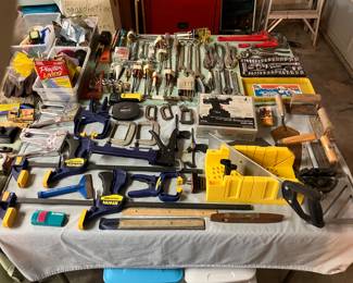 clamps, miter saw, hand tools