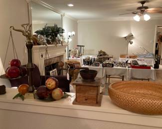 vintage decor--scales, coffee mill, basket