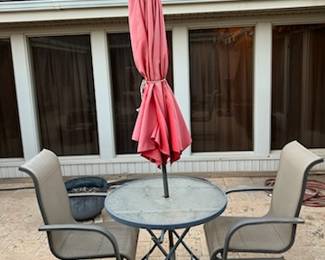 patio table, 2 chairs, and umbrella set