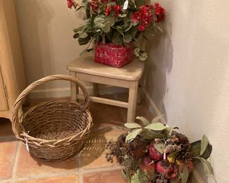 baskets, florals, and child's oak chair
