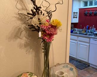 Desert Rose plate, floral in vase, etc.