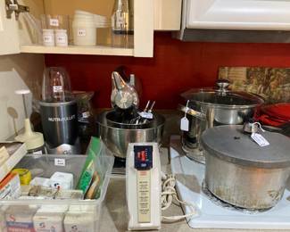 NutriBullet, vintage Sunbeam mixer, stock pot, pressure cooker