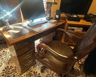 Colonial Swivel – Hand Carved Wood and Artisan Tooled Leather and Desk