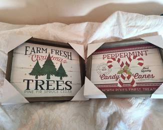 These are two framed wooden signs with a vintage farmhouse Christmas theme, one for "Farm Fresh Christmas Trees" and the other for "Peppermint Candy Canes". 