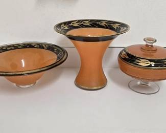 Vintage Art Deco Painted Orange Glassware with Black Gold Rim 3 Items
