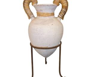Decorative Vase Featuring an Amphora Shape and Rattan Wrapped Handles on Metal Stand