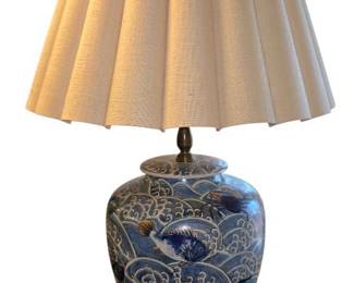 Beautifully Patterned Blue and White Table Lamp Adorned with Sea Creatures