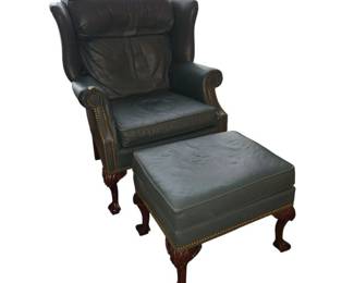 Teal Leather Craft Wingback Chair with Matching Ottoman