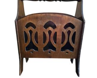 Vintage Wooden Magazine Rack with a Handle and Decorative Cutout Side