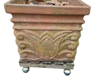 Large Square Decorative Terra Cotta Planter on Rolling Stand