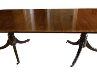 Banded Two Pedestal Dining Table with 2 Leaves Cover and Linens