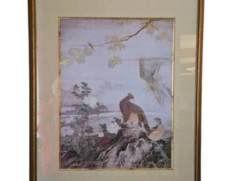 Framed Traditional East Asian Style Print Featuring Birds and Floral Motifs